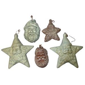 Lot of 5 Painted Ceramic Santa Face Ornaments Stars Neutral